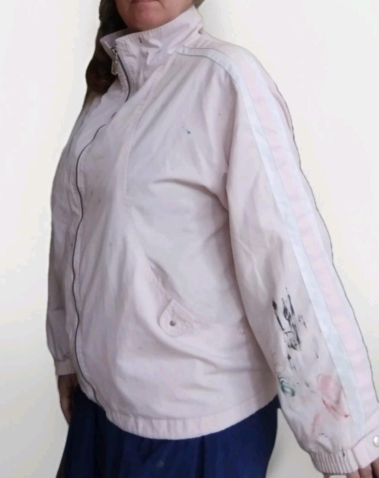 Vintage Pale Pink Distressed Track Jacket W White Stripes Paint Splatters Sz L