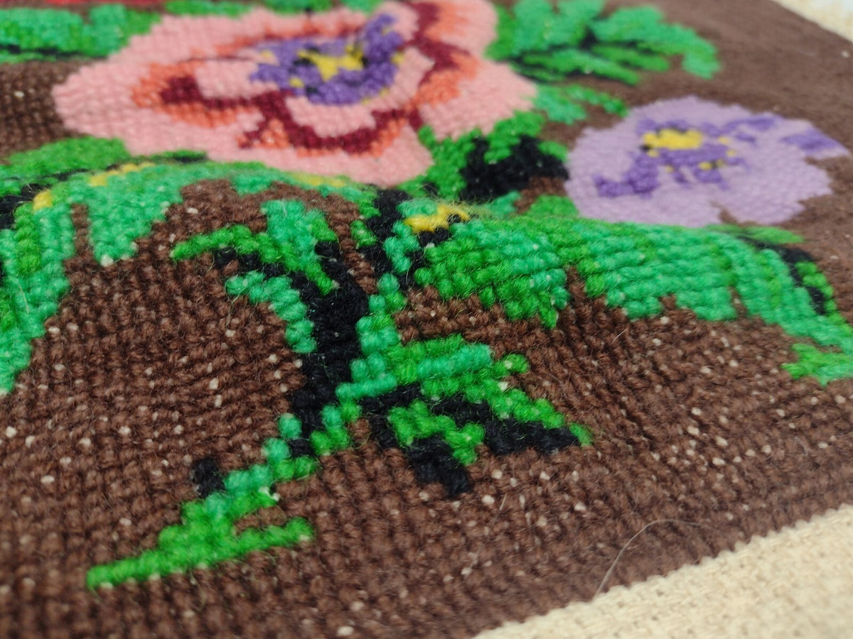 Vintage 60s 70s Floral Needlepoint Tapestry Folk Art Fringed Textile Panel