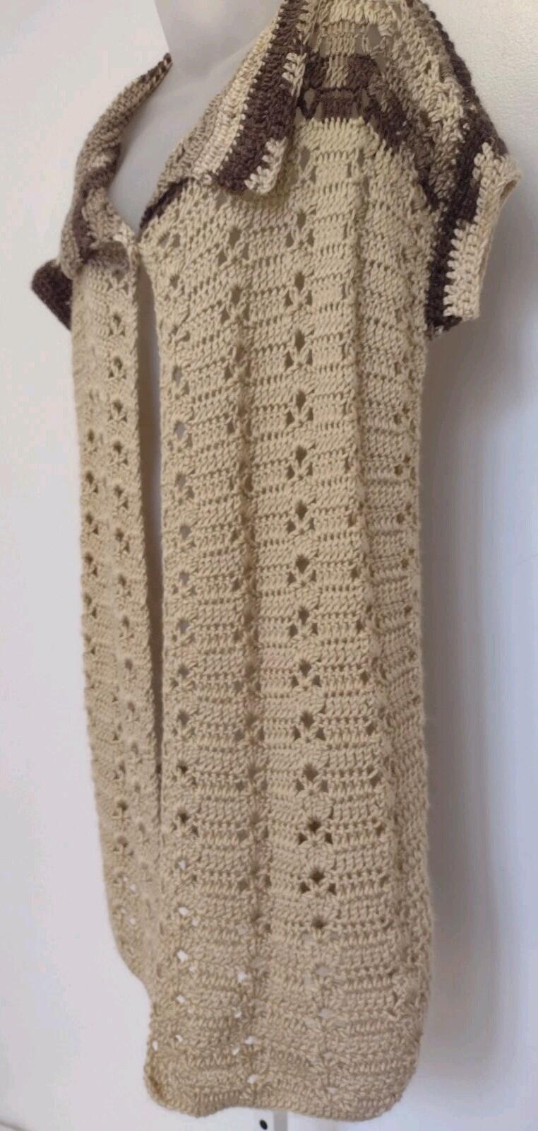 Vintage Handmade Crochet Vest Tunic L Open Weave Boho MOP Button Asymmetrical