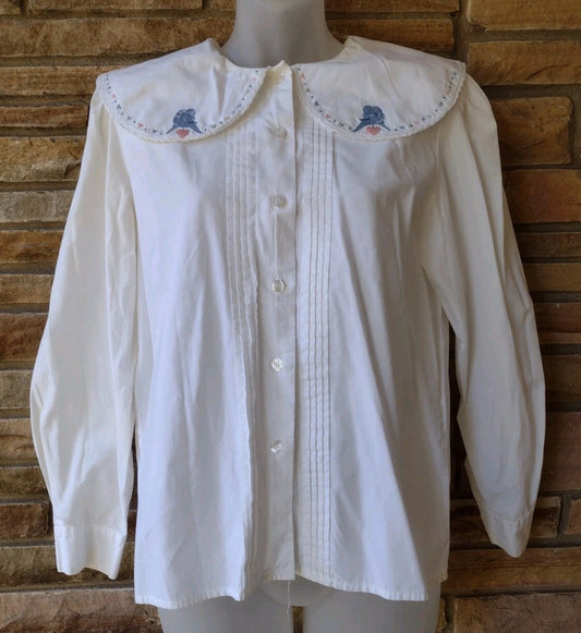 Vintage 80s Cottagecore Coquette Blouse Lovebird Embroidered Peter Pan Collar 6