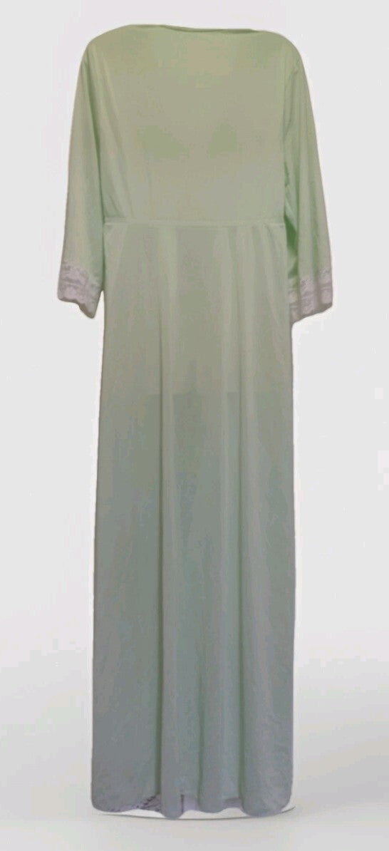 Vintage Shadowline Maxi Robe Large Pistachio Green Nylon Lace Made USA 57"