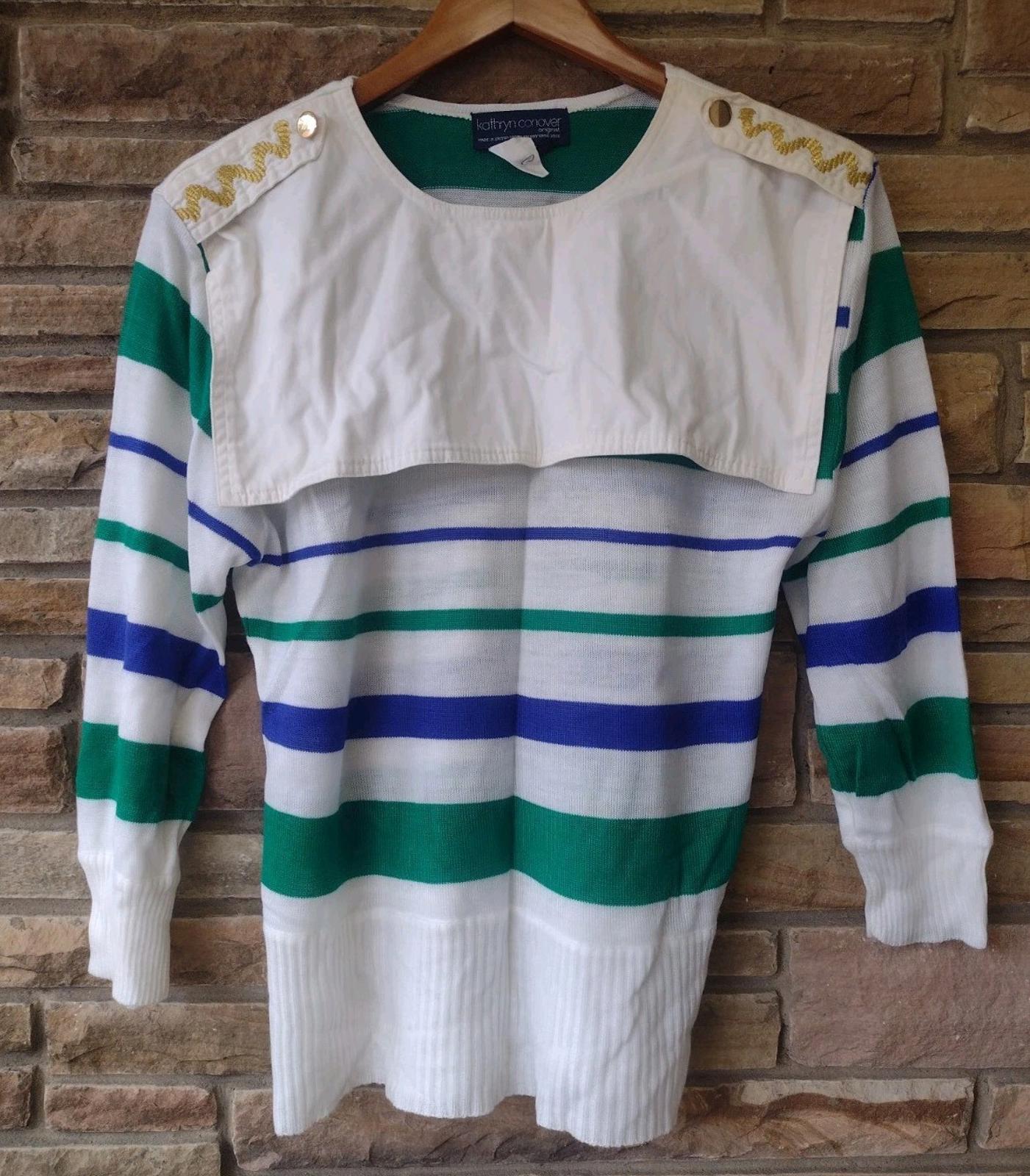 VTG 70s Kathryn Conover Sailor Collar Nautical Sweater M Hong Kong Blue Green