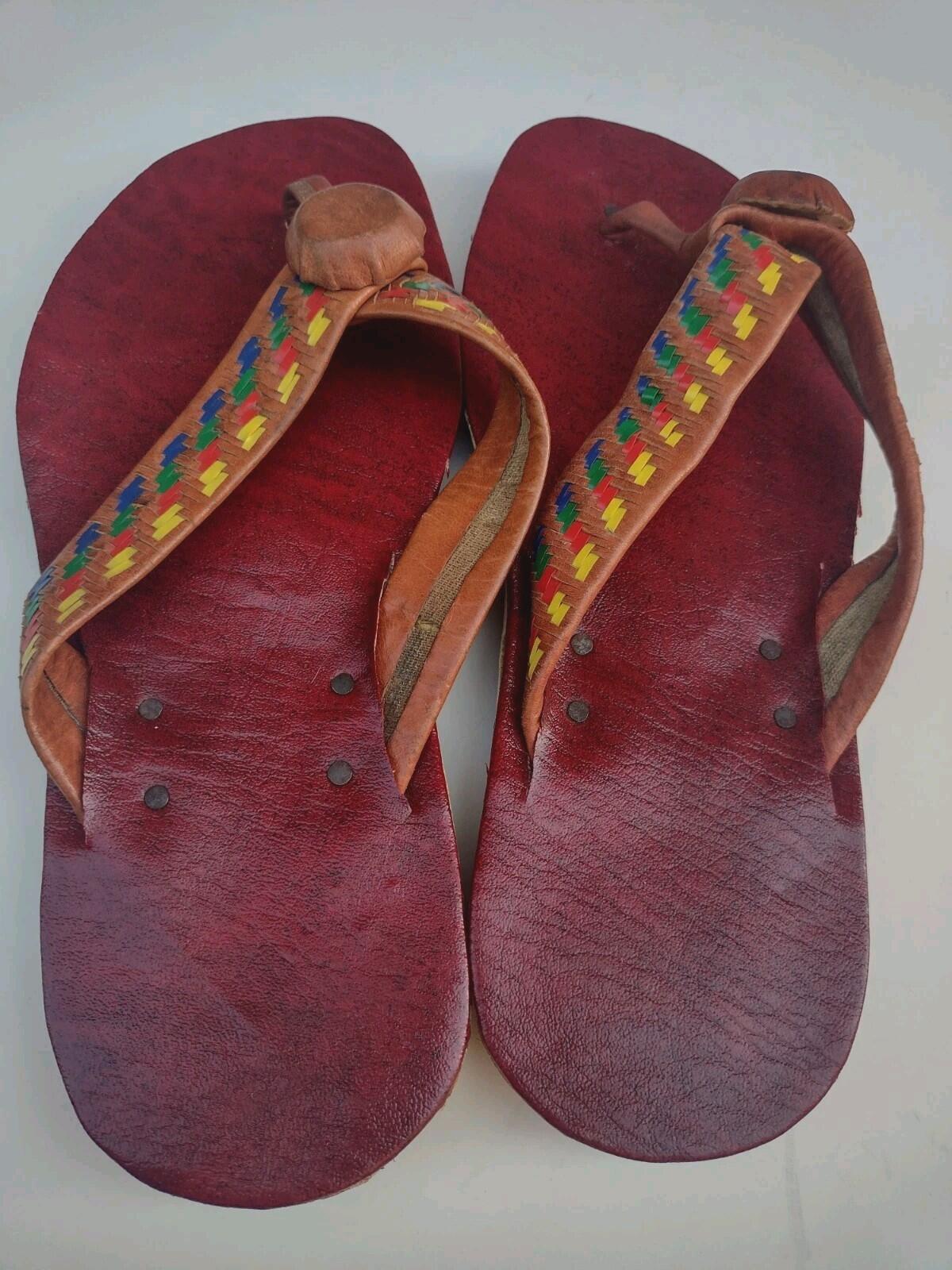 VTG 70s Handmade Indian Leather Sandals Boho Festival Woven Artisan Flip Flops 9