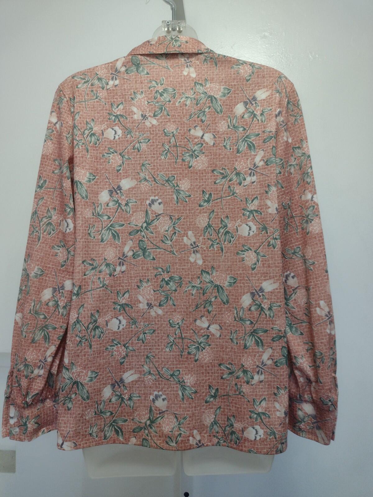 VTG 70s Fire Islander Floral Blouse 11/12 Coral Green Taiwan ROC Button Front