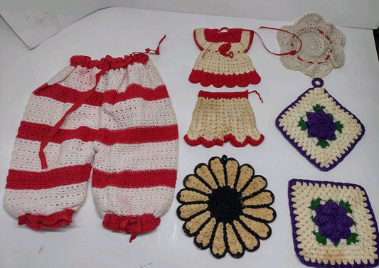 Vintage Handmade Crochet Lot Potholders Doll Clothes Doily Granny Cottagecore