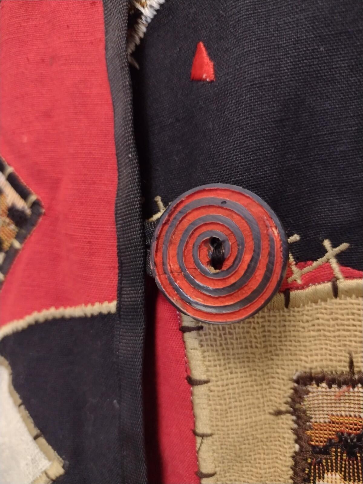 Indigo Moon Patchwork Art to Wear Jacket M Red Black Animal Print Spiral Buttons
