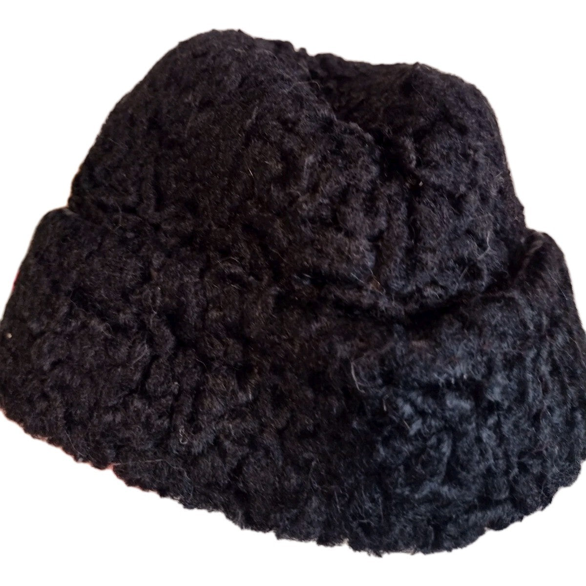 Vintage 1950s 60s Black Curly Lamb Fur Winter Cap Ear Flap Union Made Medium
