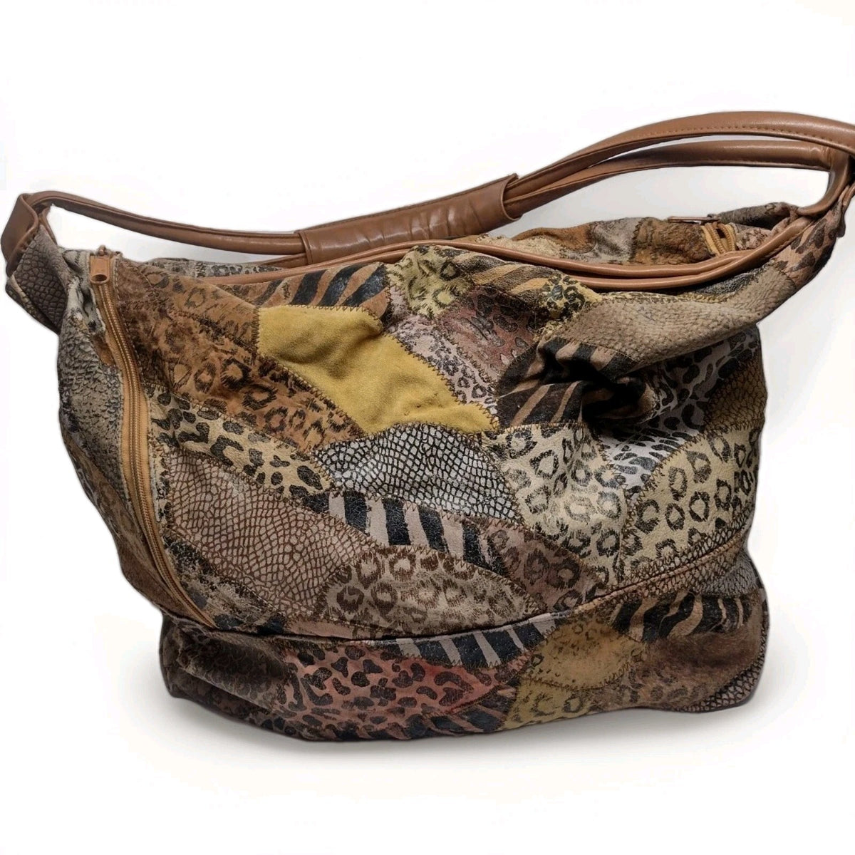 Y2K Patchwork Suede Leather Hobo Bag Animal Print Boho Oversized Weekender