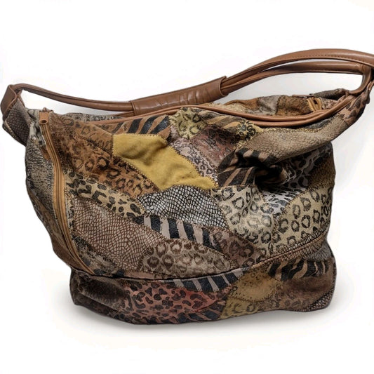 Y2K Patchwork Suede Leather Hobo Bag Animal Print Boho Oversized Weekender