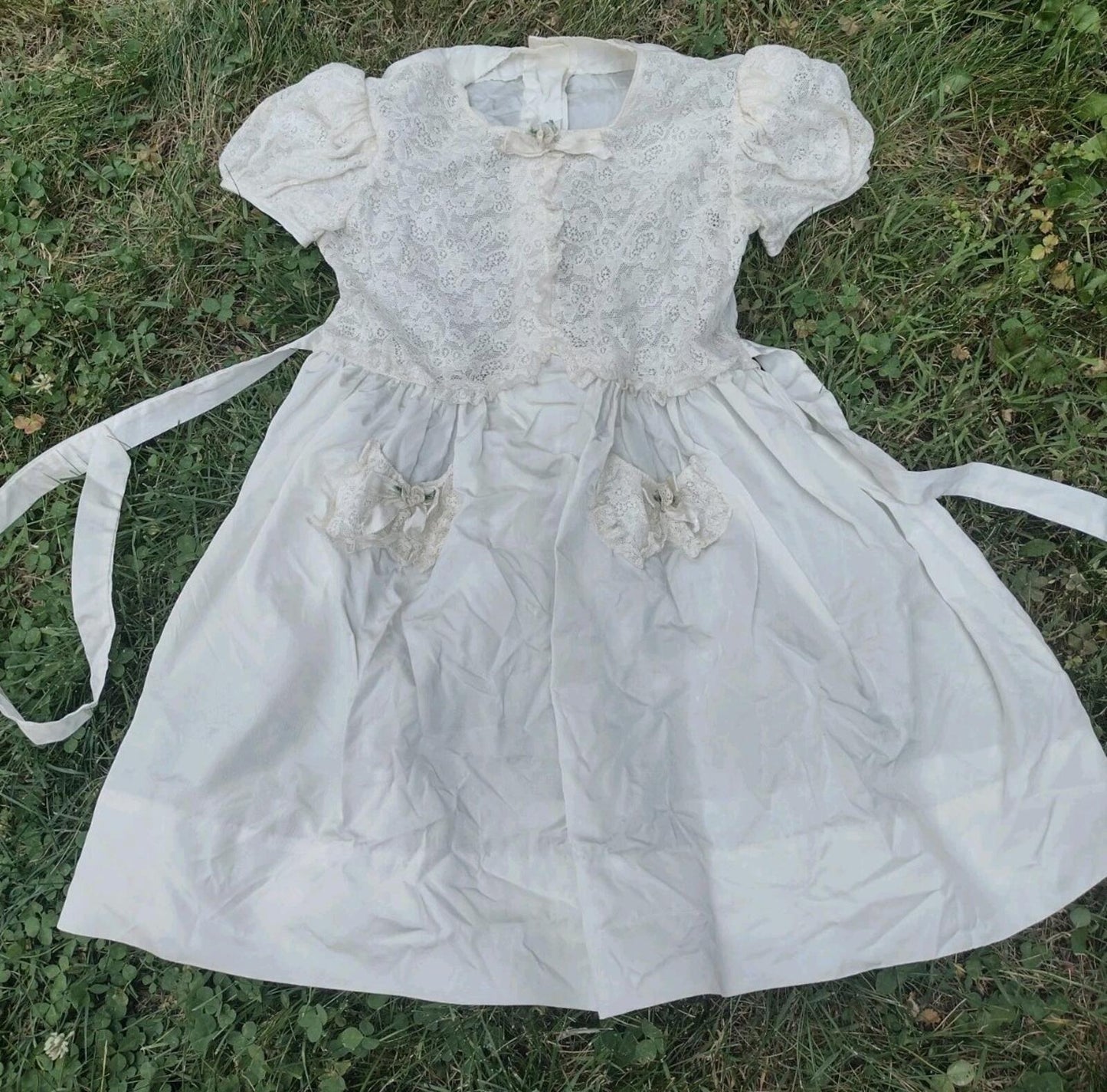 Set Of 2 Antique Estate Handmade Girls Dresses Edwardian Cotton & Taffeta Lace