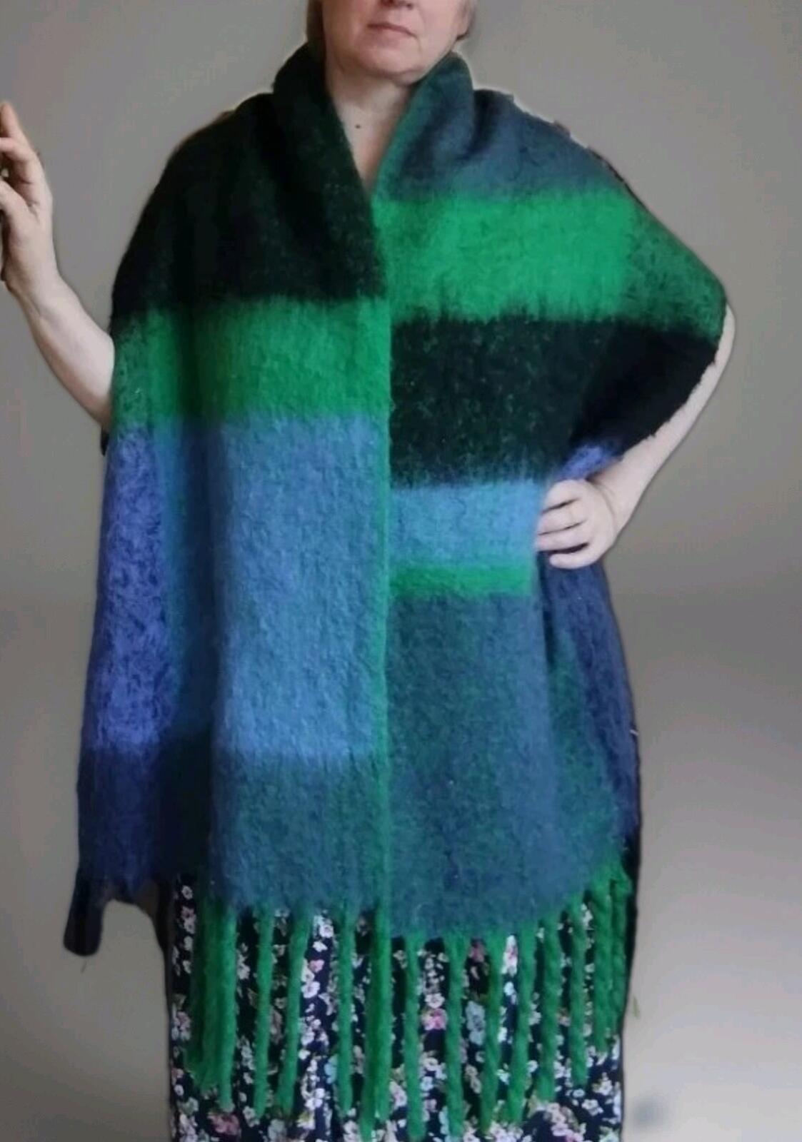 Soft & Fuzzy XL Large Scale Blue & Green Striped Fringe Scarf Wrap Shawl 96 X18