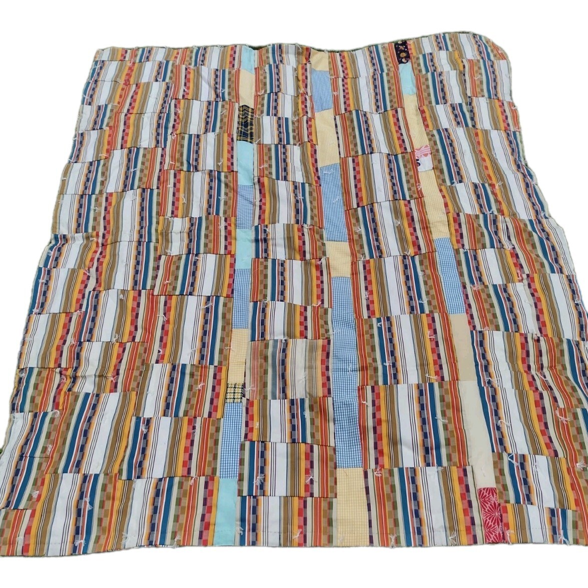 Vintage 1970s Handmade Patchwork Quilt 68x86 Tied Scrap Coverlet Retro Folk Art