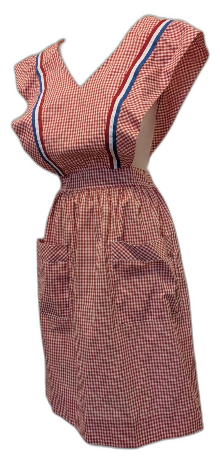 Vintage 70s Handmade Red Gingham Pinafore Apron Dress RWB Ribbon Bicentennial