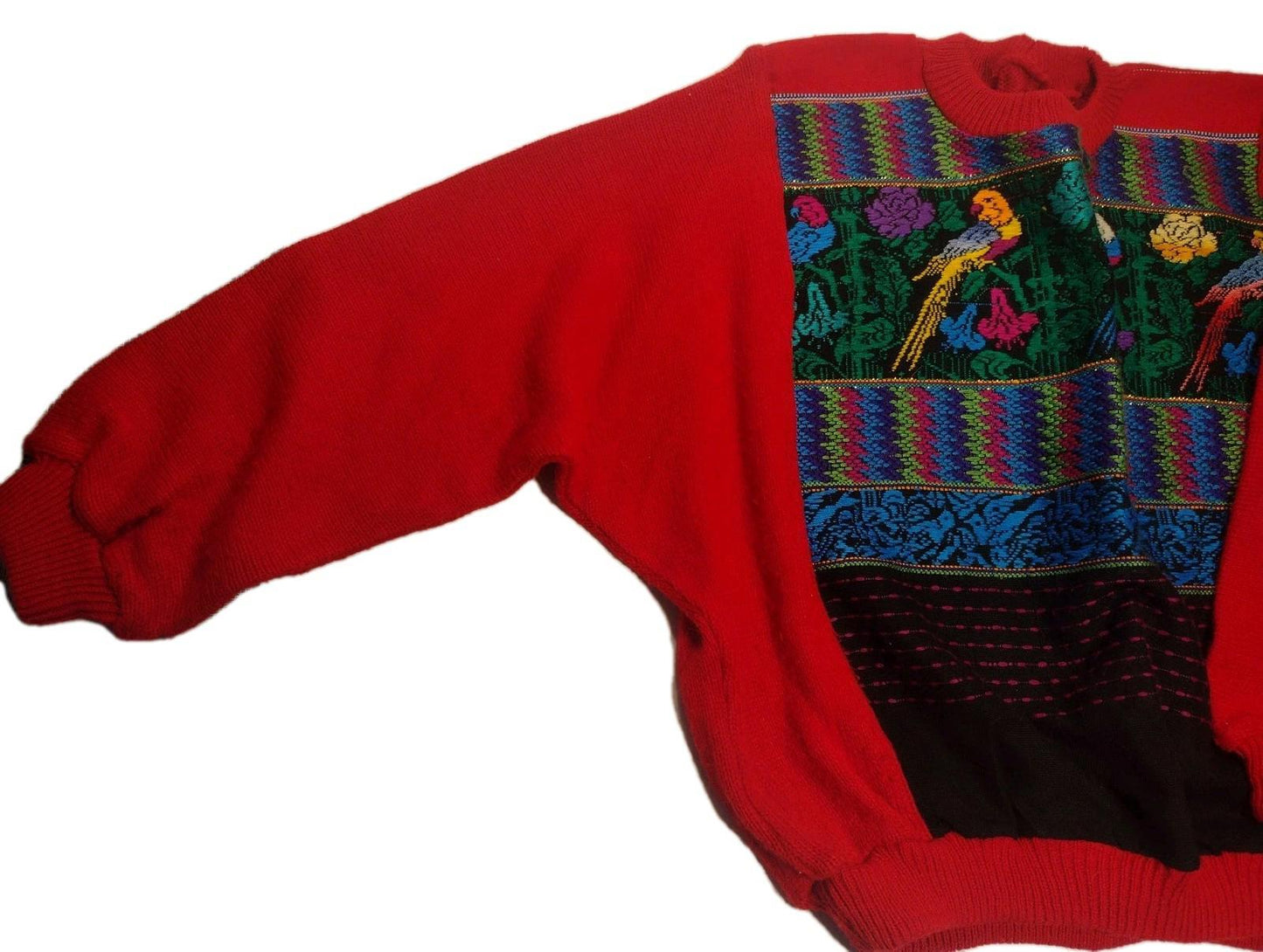 Vintage 80s Red Batwing Sweater Tapestry Parrot Panel Wool Blend Dolman L