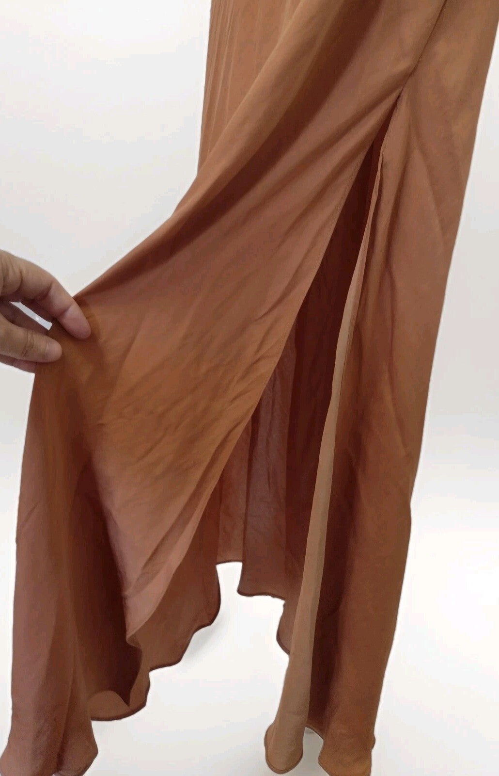 1940s Glam Satin Slip Maxi Dress Copper Brown Open Back High Slit Y2K Large