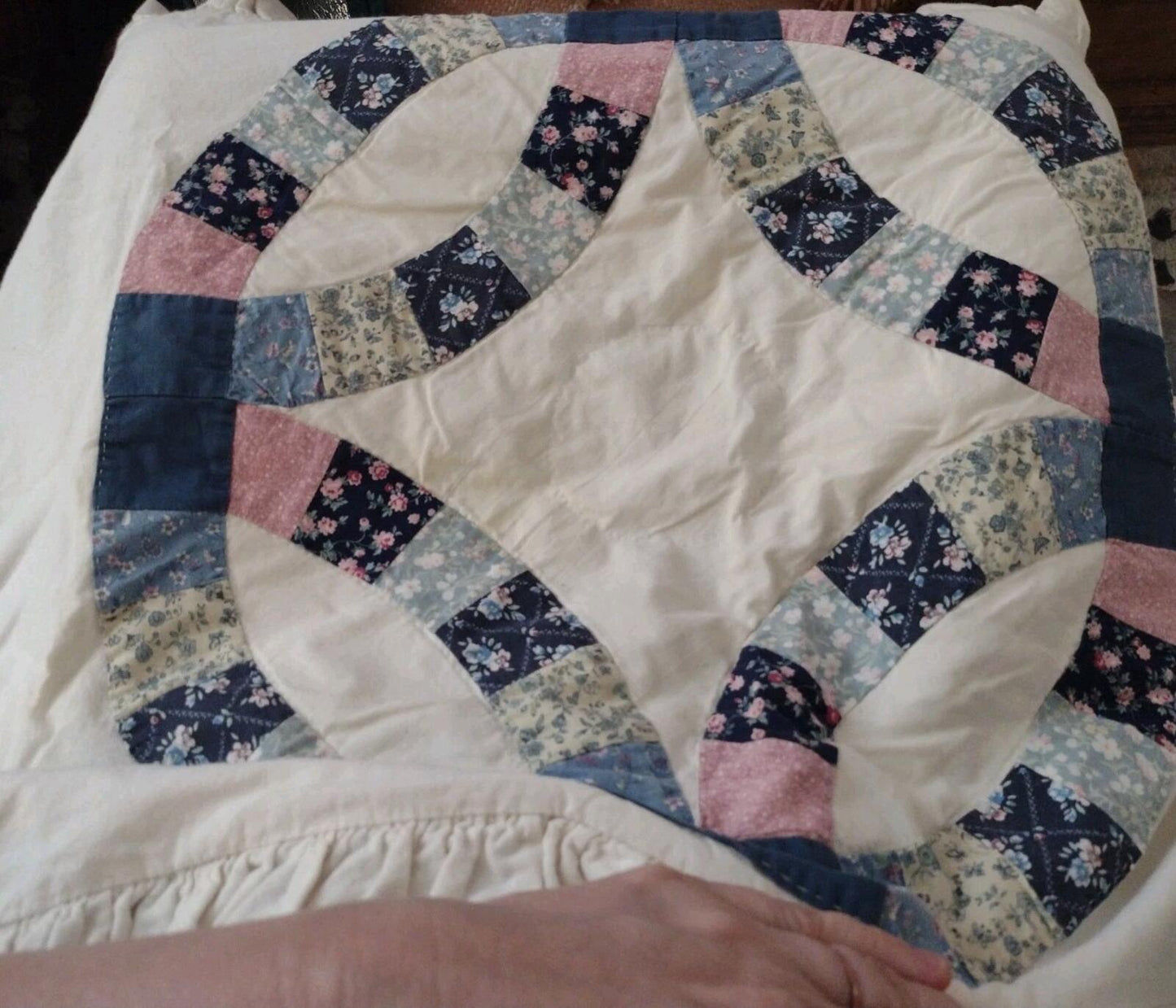 Handmade Calico Patchwork Pillow Shams Pair Ruffle Cottage Prairie Vintage 80s
