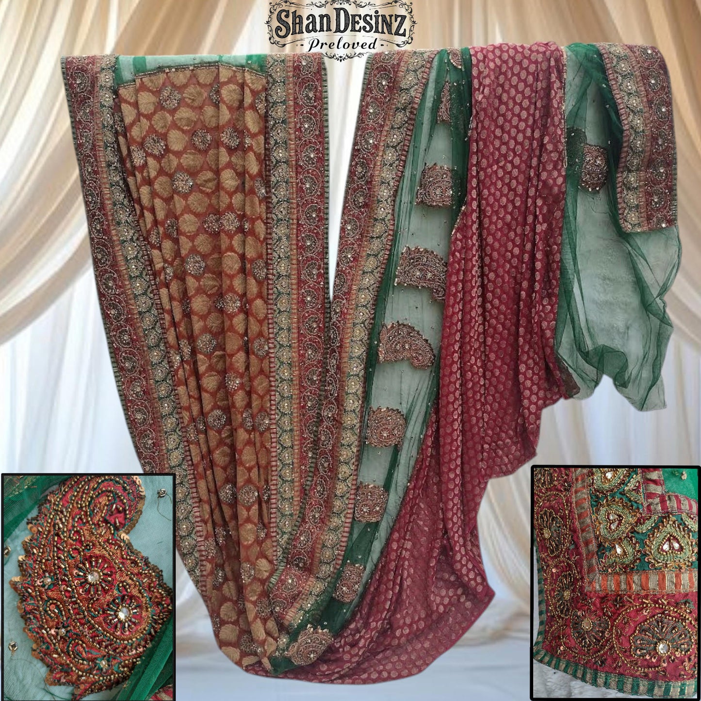 Rare 18ft Hand Embroidered Indian Textile Zardozi Bridal Dupatta Panel Red Green