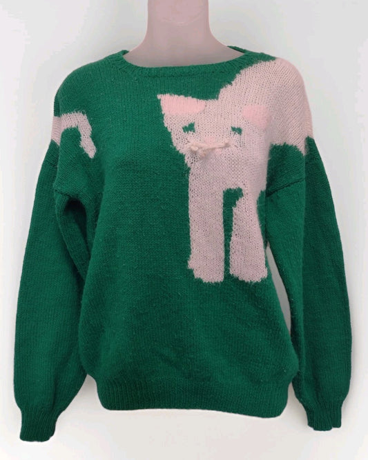 Vintage Handmade Cat Sweater Green White Intarsia Novelty Kitty Grandmacore