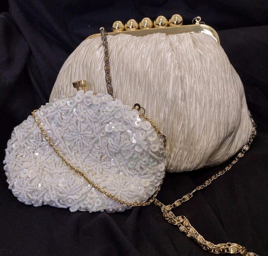 Set Of 2 Satin Frame Bag & Beaded Hong Kong Clutch Gold Chain Evening Purse 60s+
