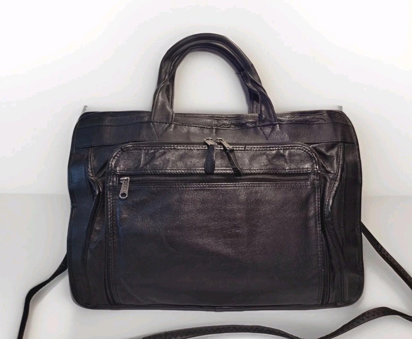 Vintage Black Leather Briefcase Organizer Bag RKS Zippers Made in Taiwan