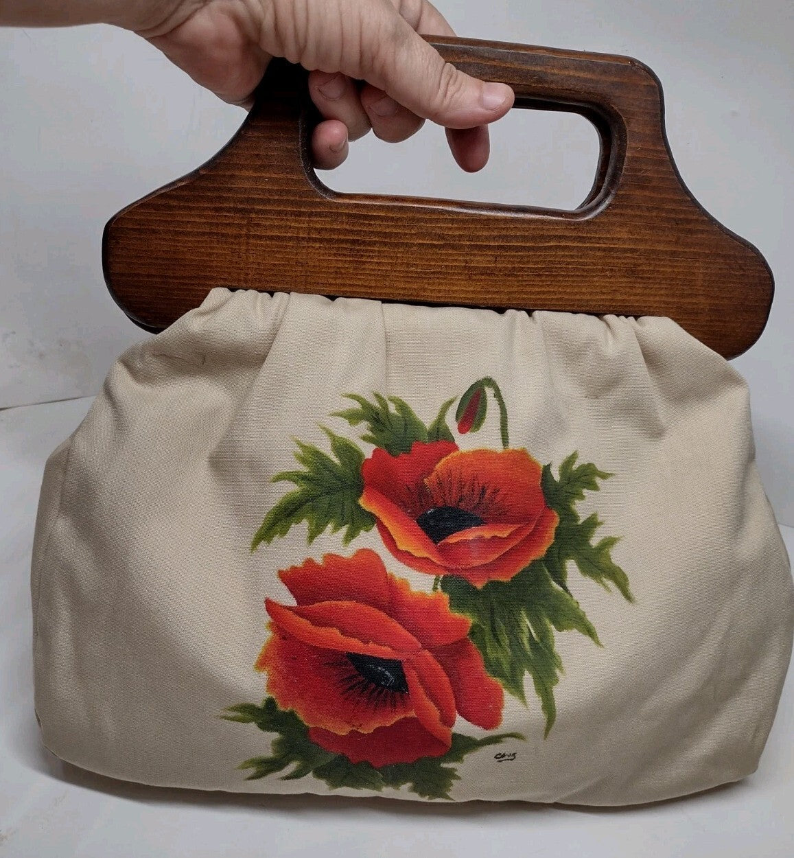 Vintage 70s Hand Painted Poppy Canvas Handbag Wood Handle Signed Folk Art Purse