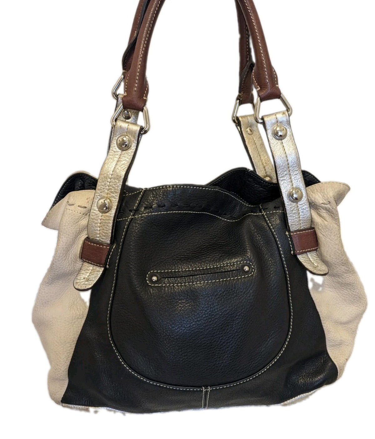B. Makowsky Colorblock Pebbled Leather Satchel Beige Black Metallic Shoulder Bag