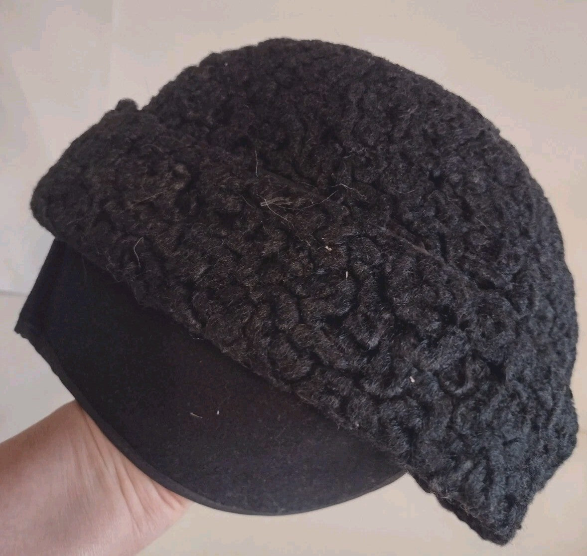 Vintage 1950s 60s Black Curly Lamb Fur Winter Cap Ear Flap Union Made Medium