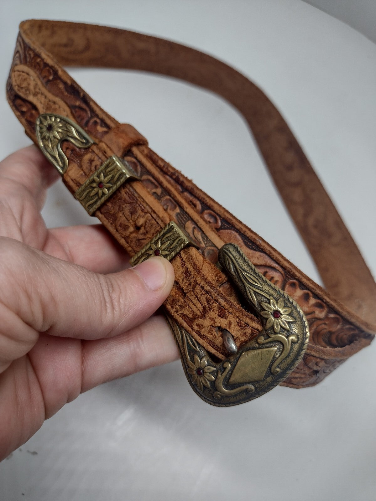 Vintage 80s Justin Western Ranger Belt Tooled Leather Brass Floral Red Stones 30