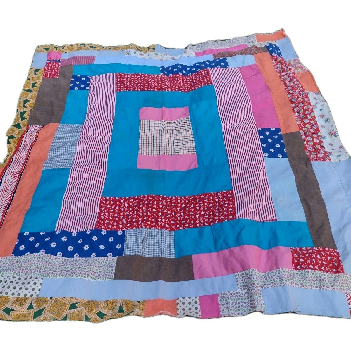 Vintage 80s Handmade Scrap Quilt Top 86x82 Make Do Patchwork Folk Art Textile