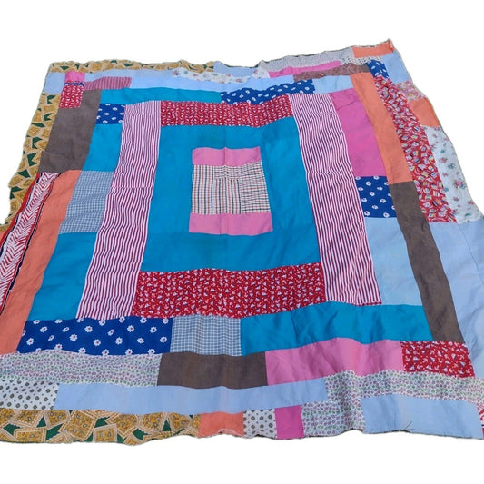 Vintage 80s Handmade Scrap Quilt Top 86x82 Make Do Patchwork Folk Art Textile
