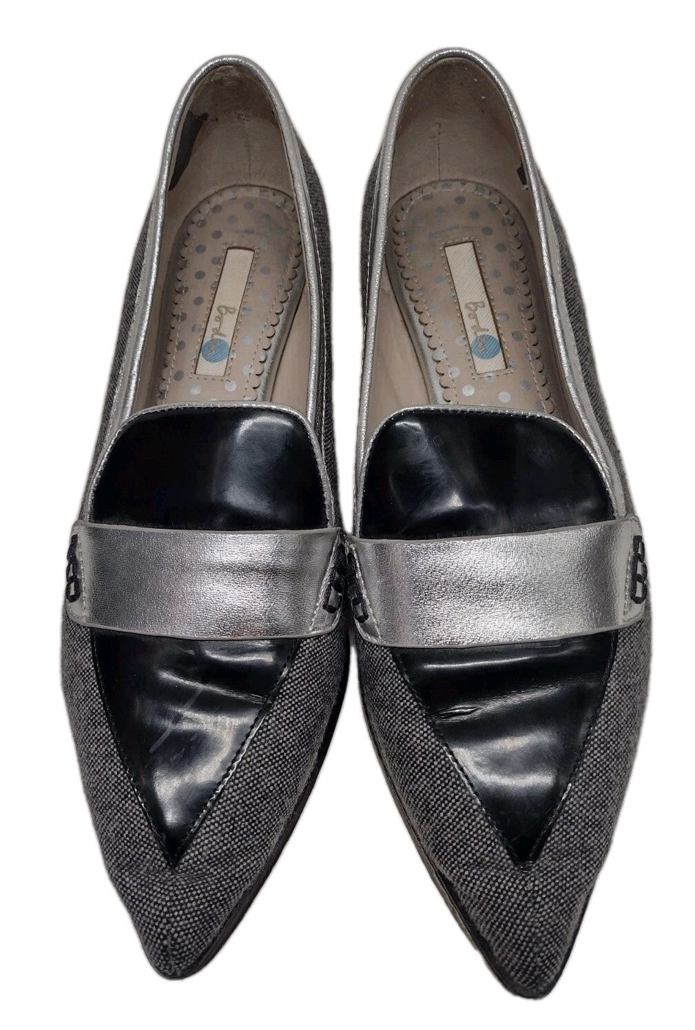 Boden Octavia Pointed Toe Loafers 39 Tweed Patent Leather Metallic SilverBoden