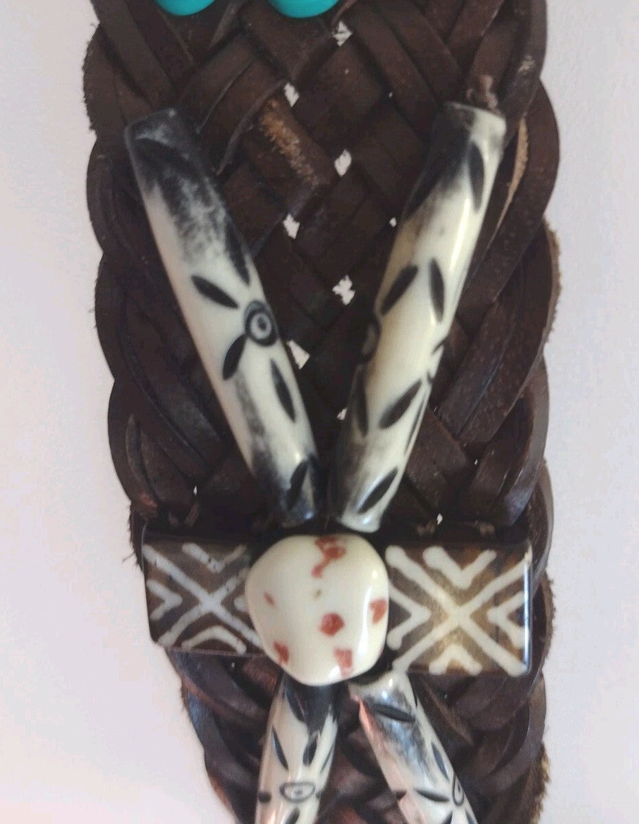 Vintage Artisan Braided Leather Belt Beaded Boho Statement Brown 43 Inch