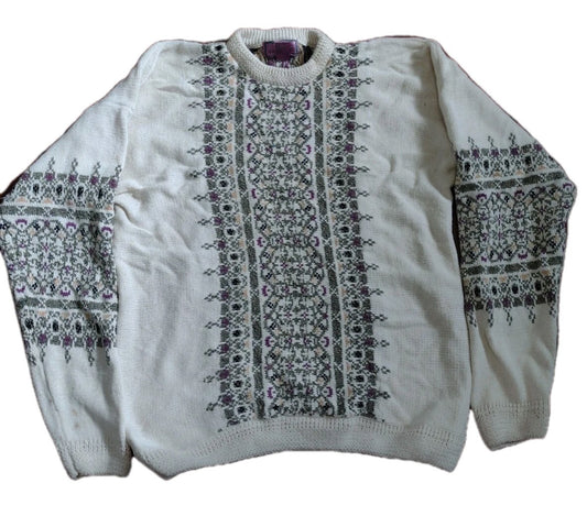 Vintage 90s Womens Concrete Mix Sweater Fair Isle Nordic Grandpacore Cotton