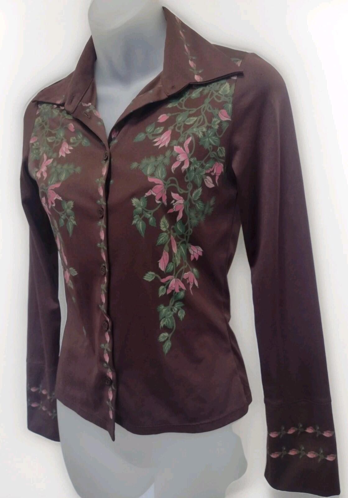 70s Brown Floral Print Button Up Blouse Long Sleeve Boho XS