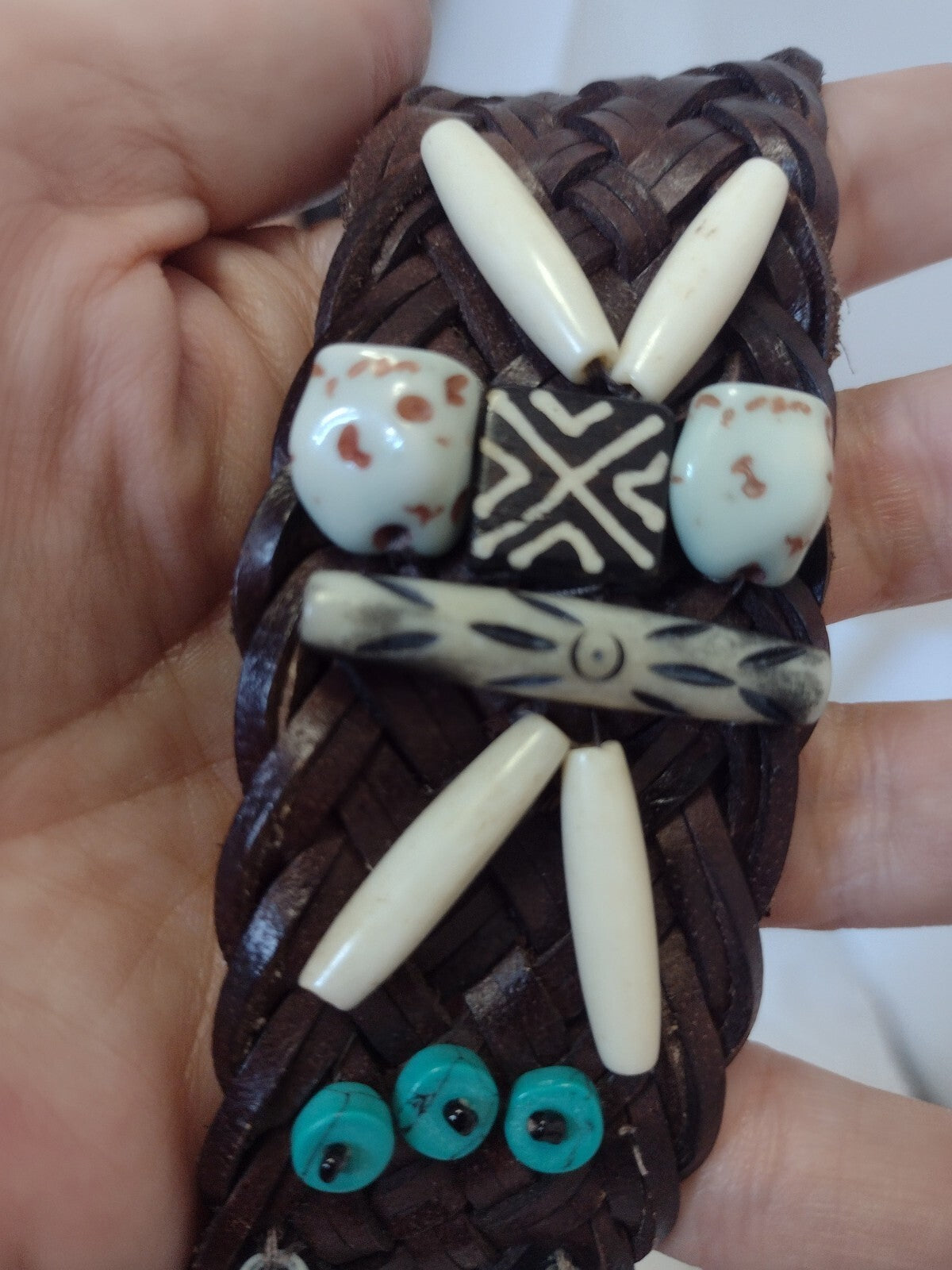 Vintage Artisan Braided Leather Belt Beaded Boho Statement Brown 43 Inch