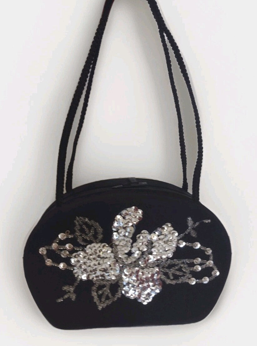 VTG 50s Black Satin Beaded Evening Bag Mirror Cocktail Formal Old Hollywood
