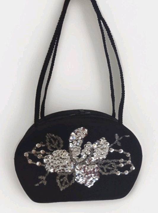 VTG 50s Black Satin Beaded Evening Bag Mirror Cocktail Formal Old Hollywood