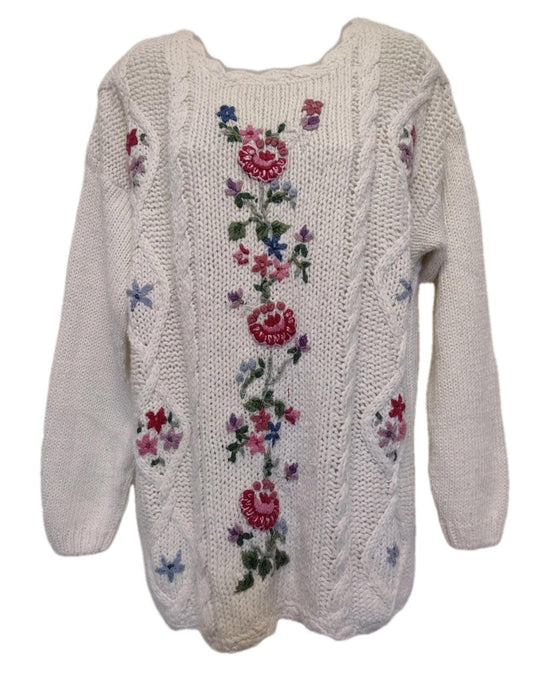 Vintage 80s Bobbie Brooks Hand Knit Floral Ramie Sweater L Korea Scallop Hem