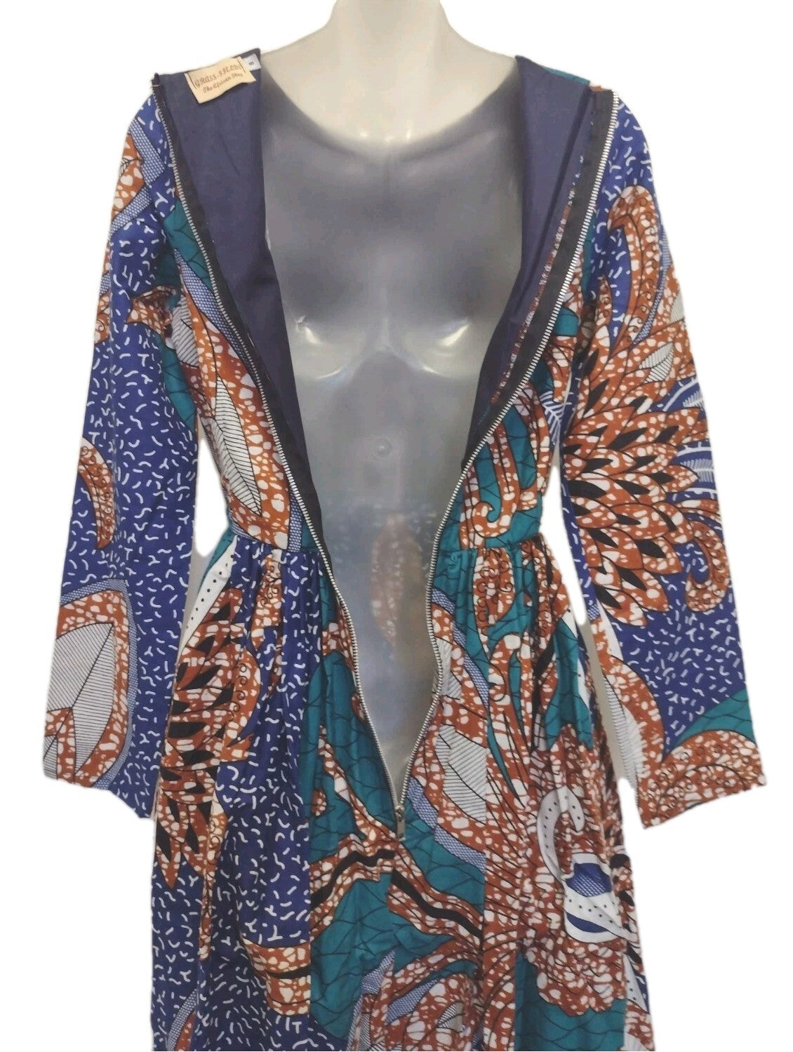 Grass-Fields African Print Ankara Maxi Dress Pockets Lined Boho Size 8