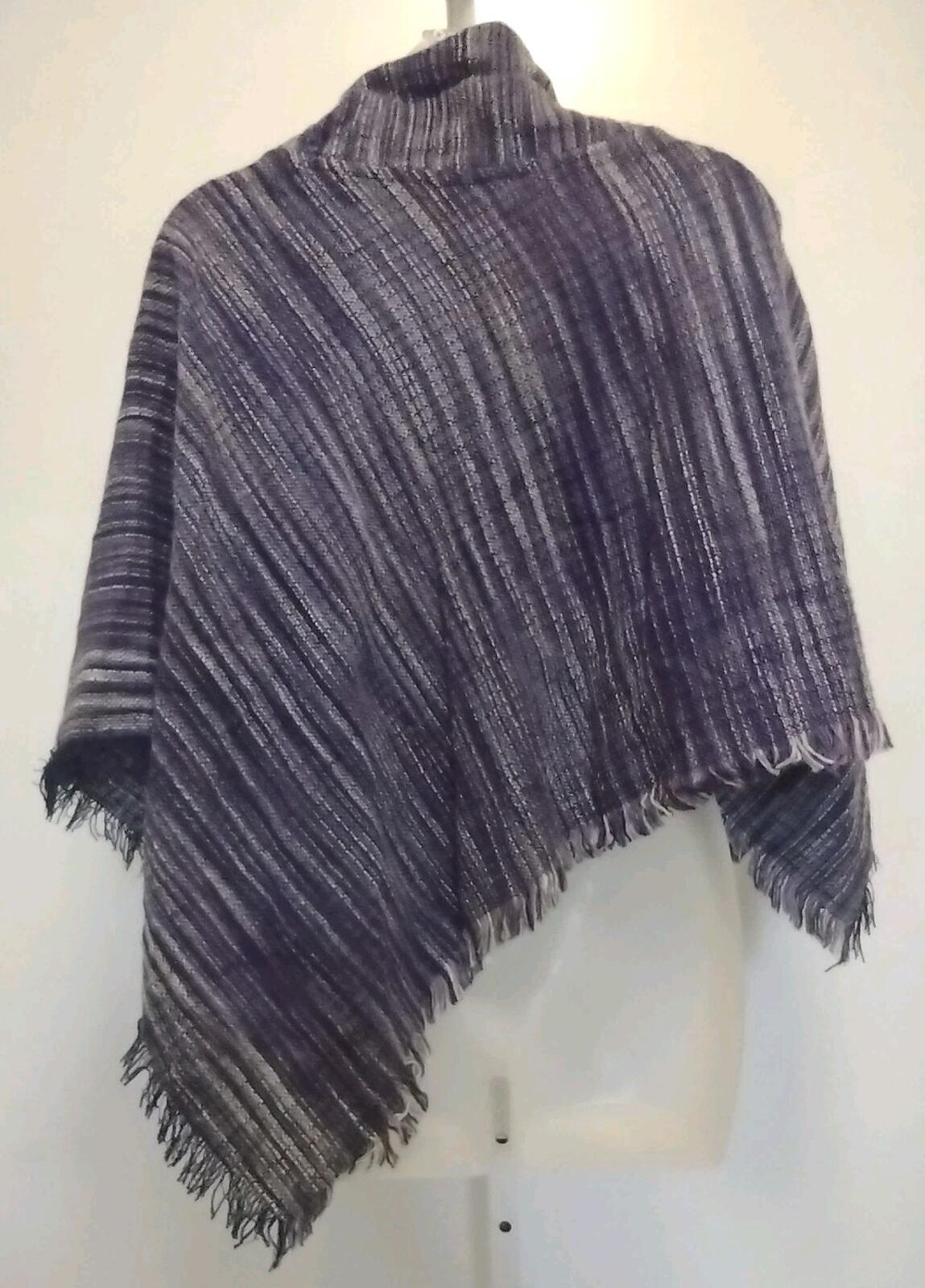 Handwoven Thai Cotton Poncho Purple Striped Fringe Shawl Snap Neck