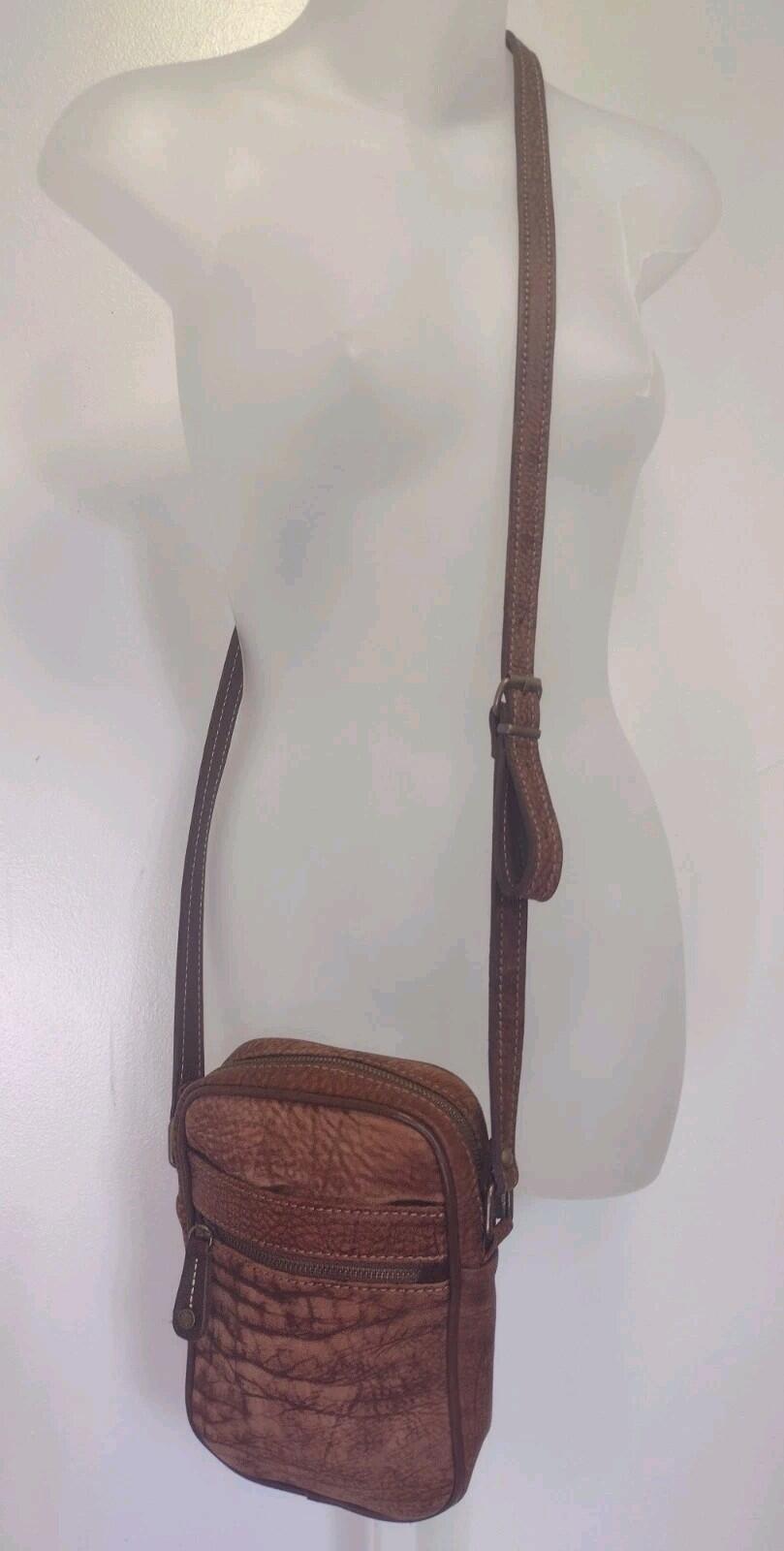 Vintage 80s Bacare Nubuck Leather Crossbody Bag Argentina Brown Brass 7x9x2