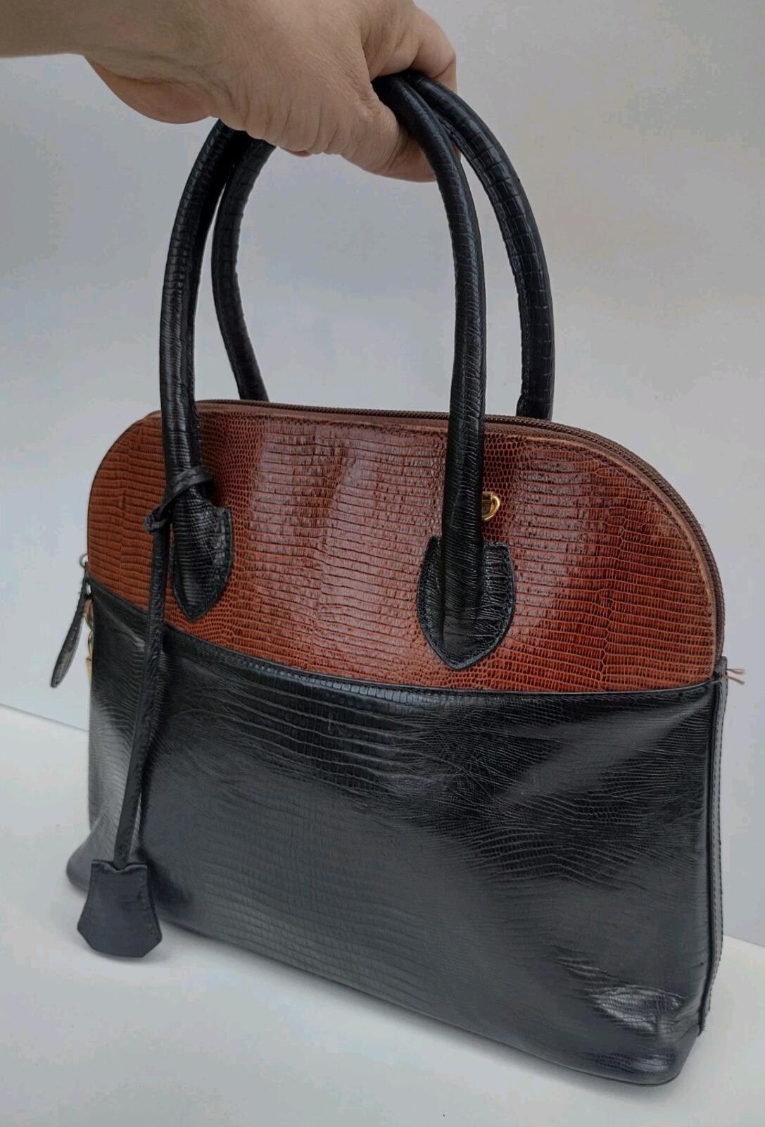 VTG 60s Zenith Canada Embossed Leather Lizard Look Handbag Black Brown Purse