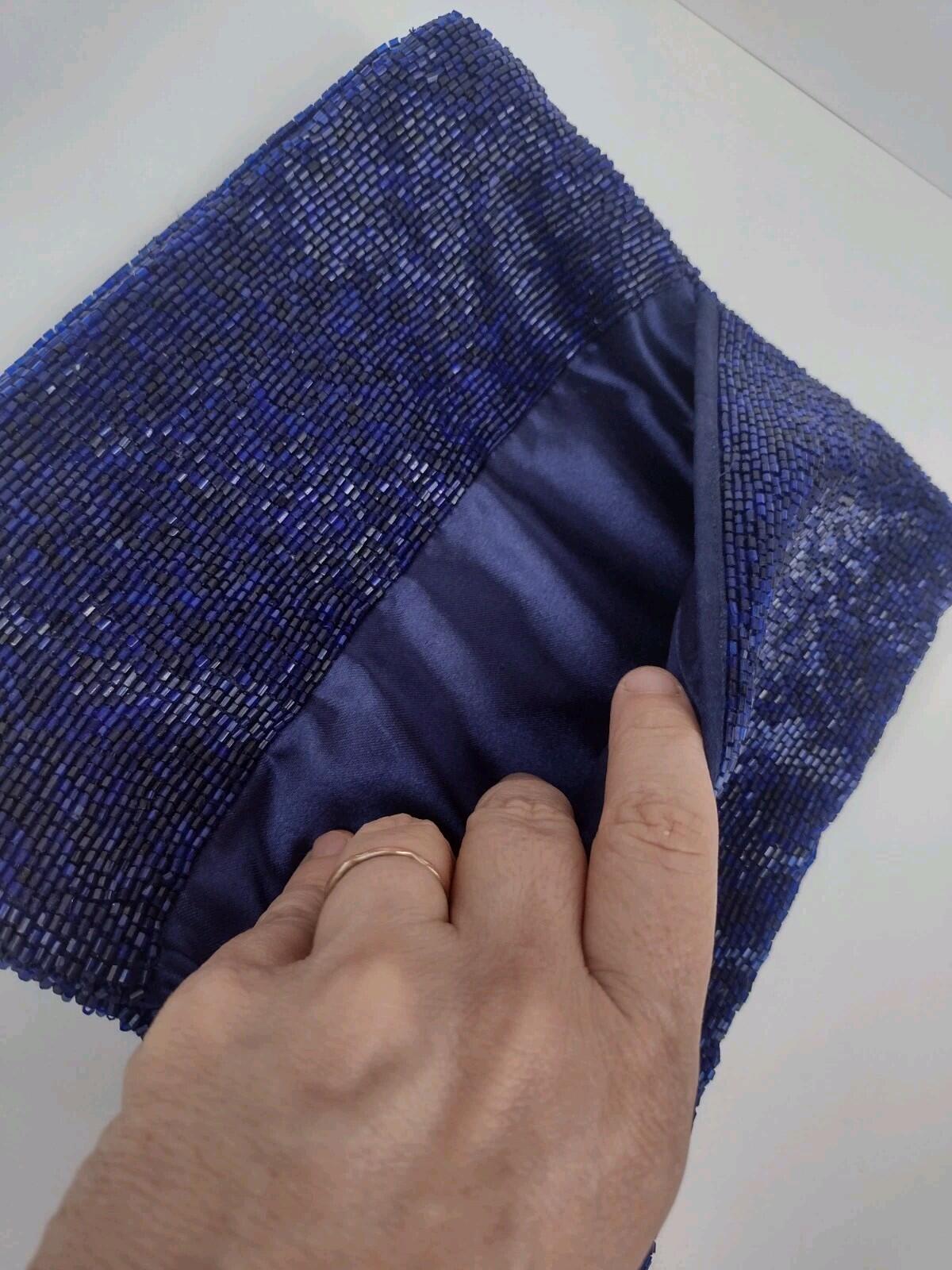 NWOT  Navy Beaded Envelope Style Clutch Extendible Royal Blue Bugle Beads