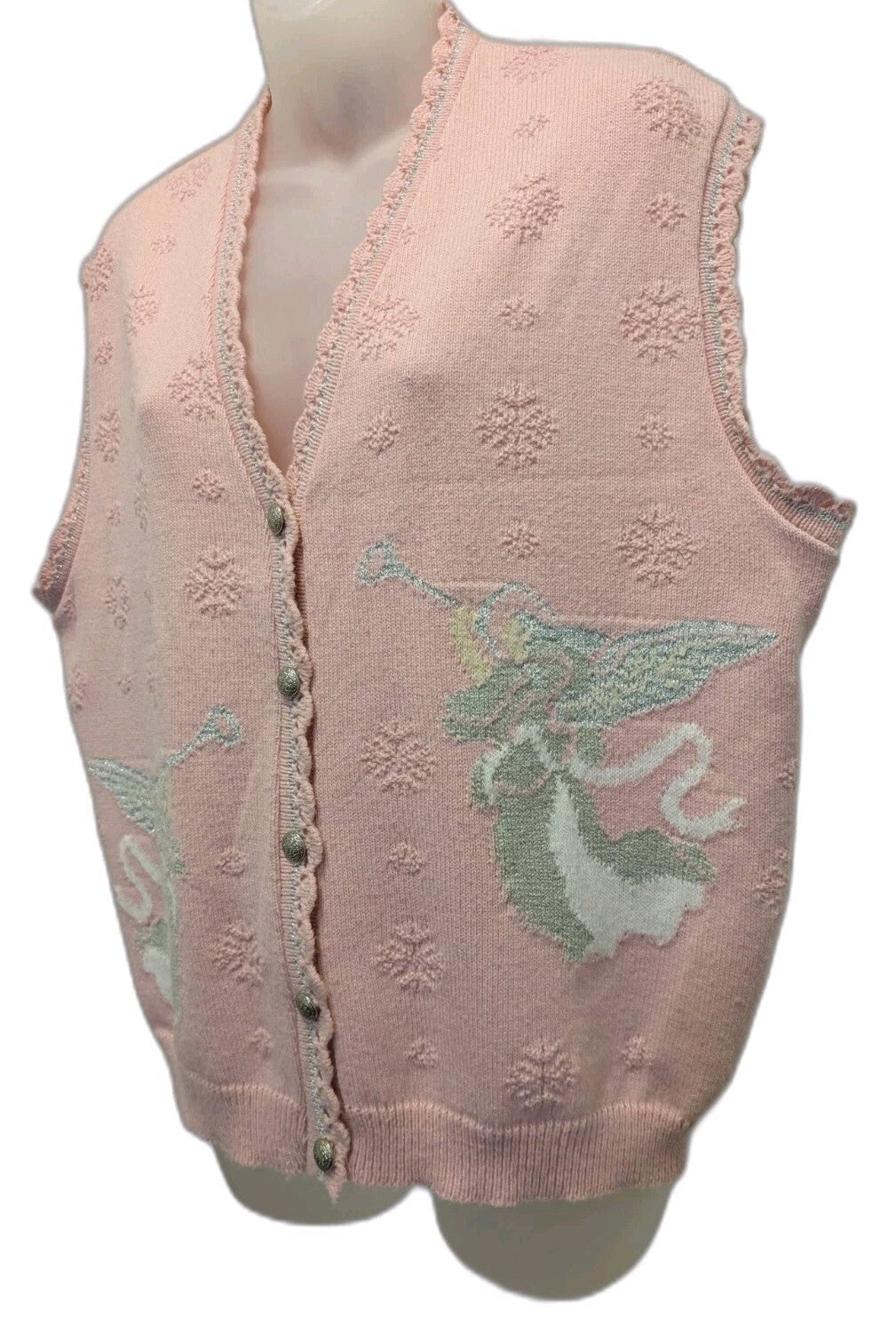 Vintage Southern Lady Sweater Vest Pink Christmas Angel Silver Snowflake XL