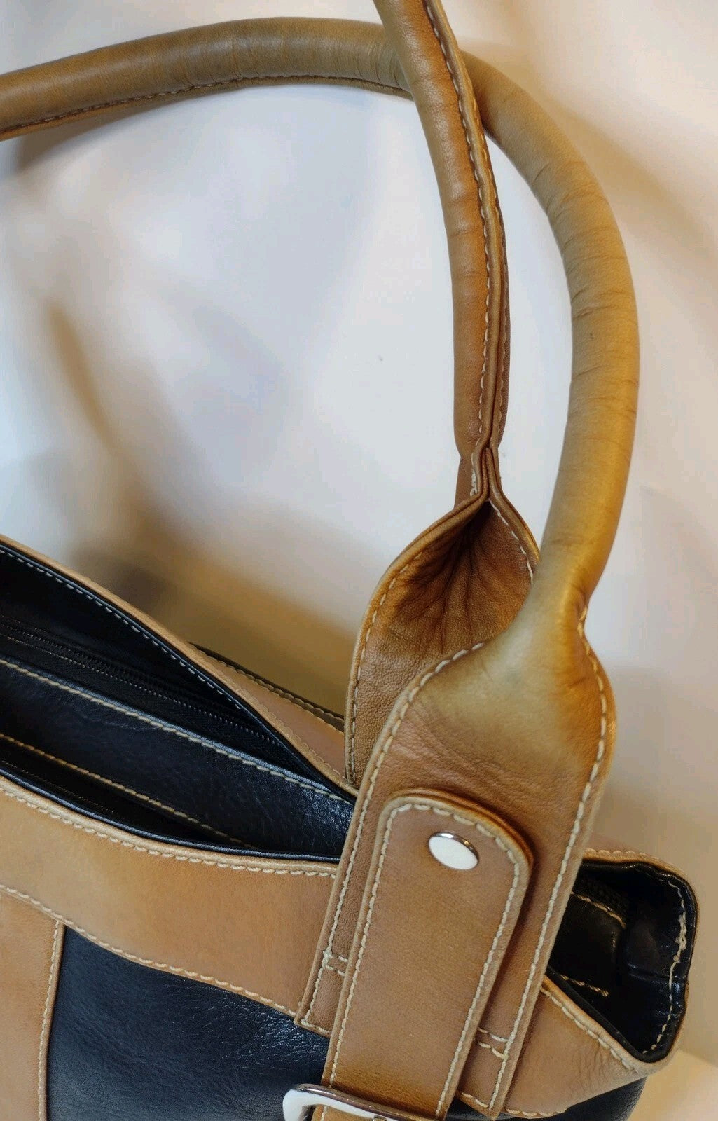 Genuine Leather Shoulder Tote Bag Black Tan Y2K Buckle Satchel Work Office Purse