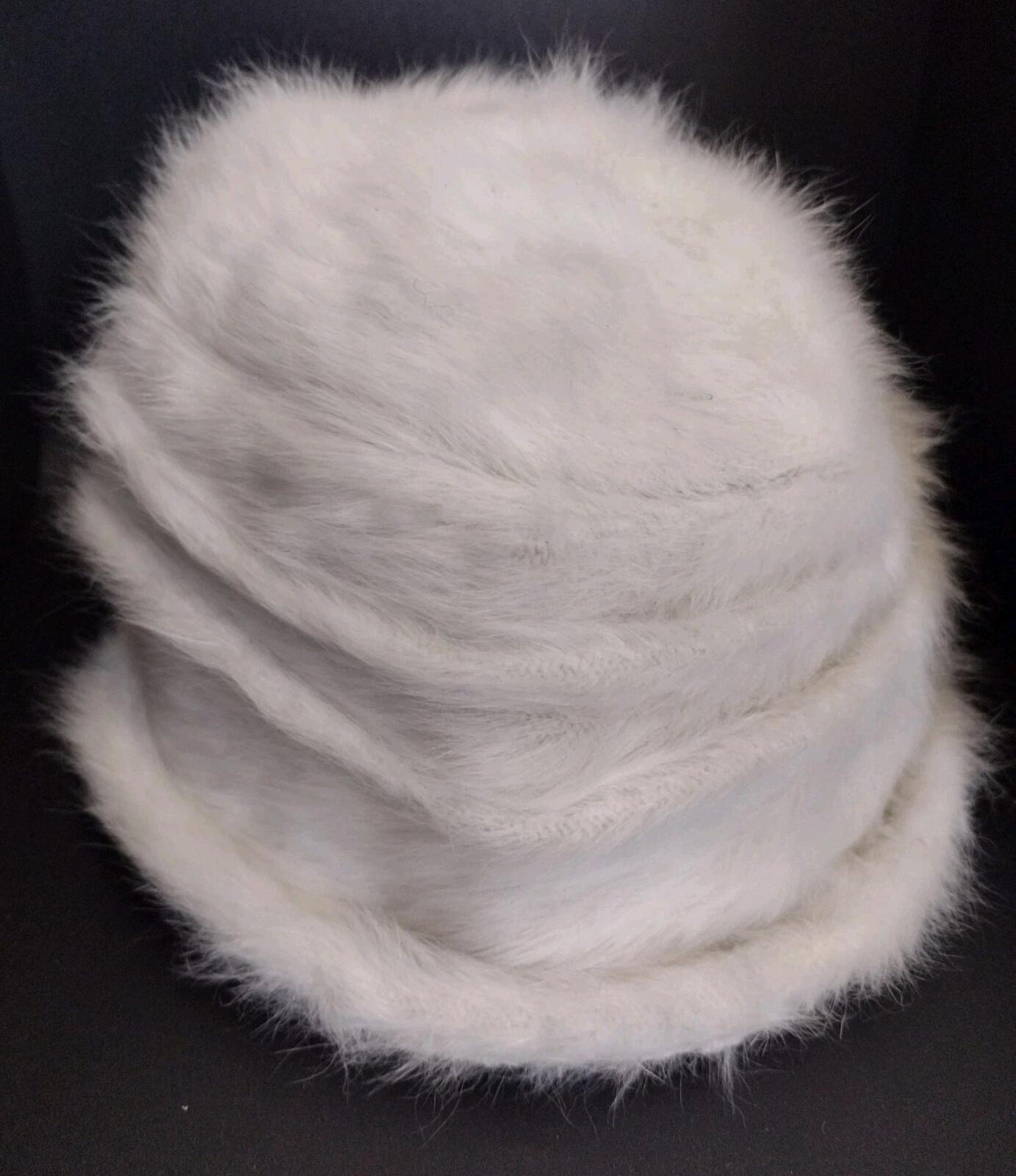 Adora Angora Blend White Fuzzy Hat Wired Brim Flower Detail One Size Excellent