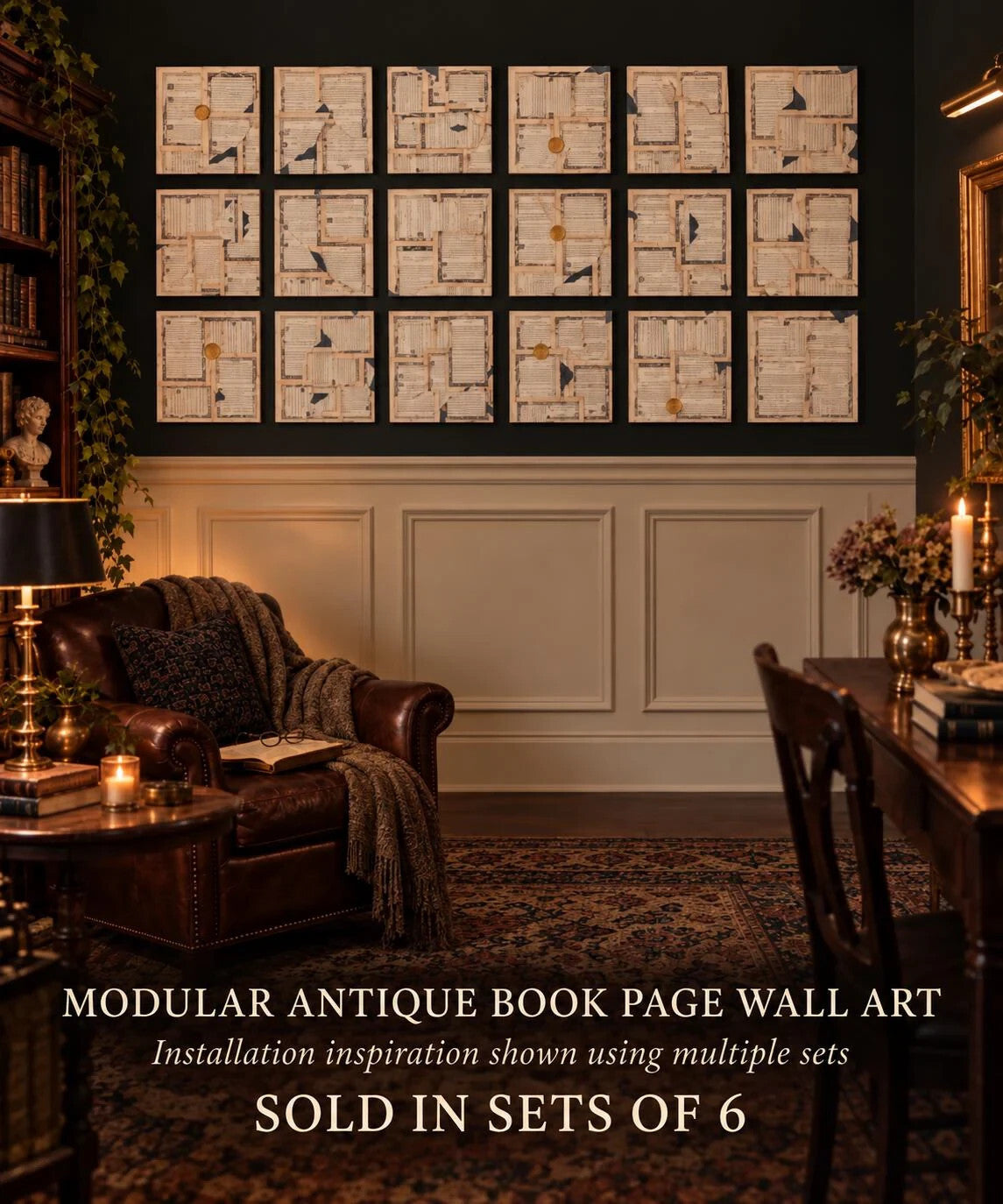 Antique Book Page Wall Art Set of 6, 12x12 Archive Panels, Dark Academia Vintage