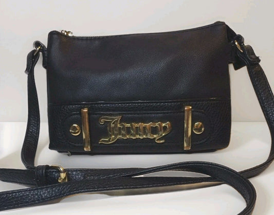 Juicy Couture Black Crossbody Bag Faux Leather Y2K Gold Logo Adjustable Strap