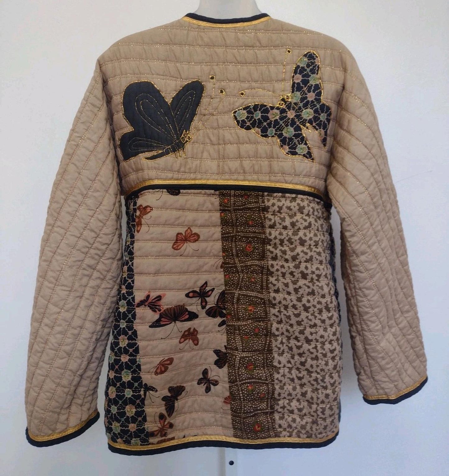 Vintage 70s Thai Lines Bangkok Quilted Butterfly Jacket M Hand Screened Cotton