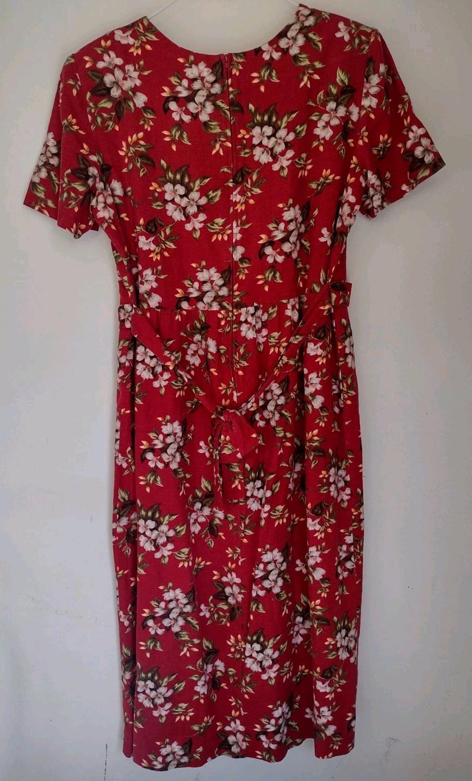 Vintage 80s Linen Blend Floral Midi Dress MOP Buttons Tie Back M